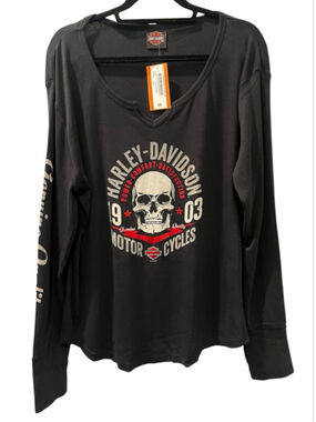 Harley Davidson NWT 2017 Skull 1903 Long Sleeve V-Neck T-Shirt Size 2XL Women's